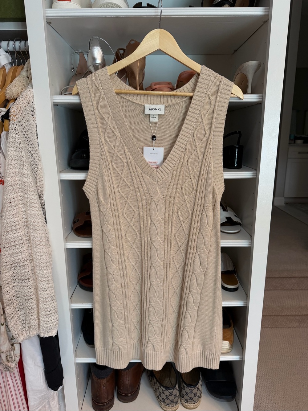 Monki Beige Cable-Knit V-Neck Sweater Dress